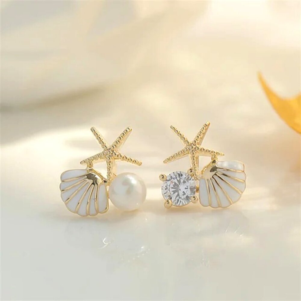 White Shell Pearl Stud Earrings Starfish Earrings Asymmetrical Beach